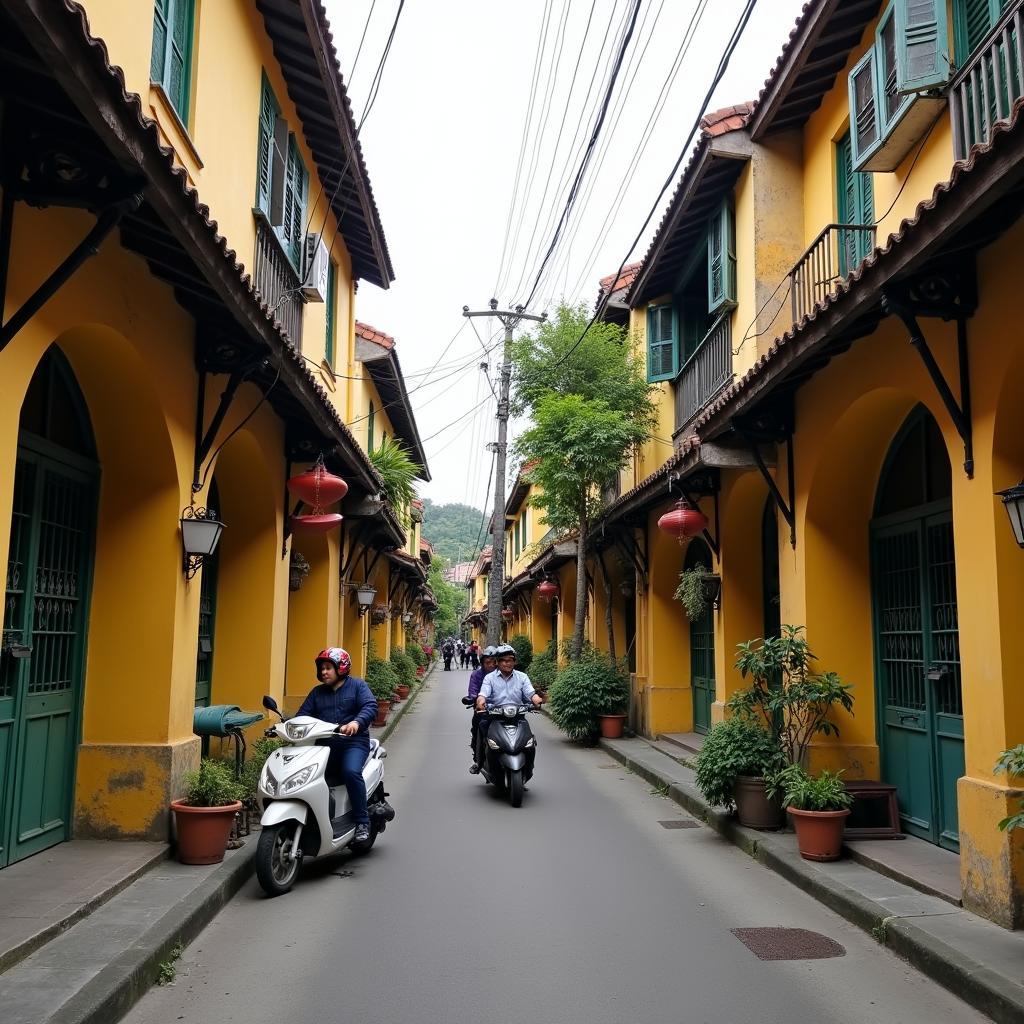 Một con phố cổ Hà Nội với kiến trúc nhà ống truyền thống, mái ngói rêu phong, và hoạt động sinh hoạt đời thường.